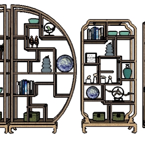 中式博古架装饰架组合草图大师模型，博古架sketchup模型下载