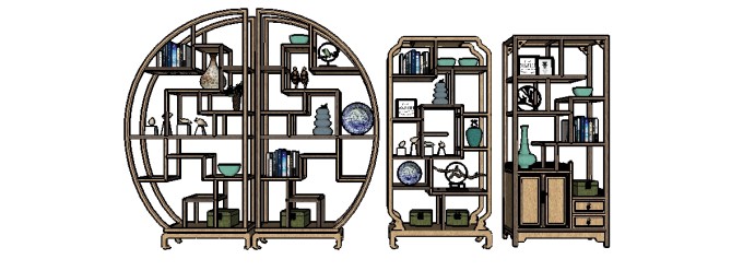 中式博古架装饰架组合草图大师模型，博古架sketchup模型下载