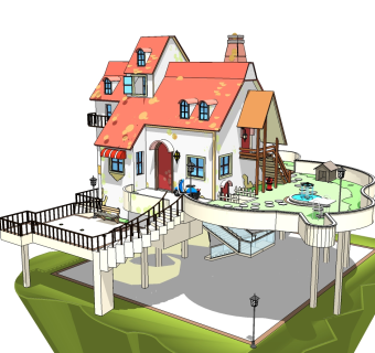 美式风格别墅草图大师模型，别墅SU模型下载