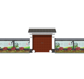 中式院门院墙草图大师模型，院门院墙sketchup模型免费下载