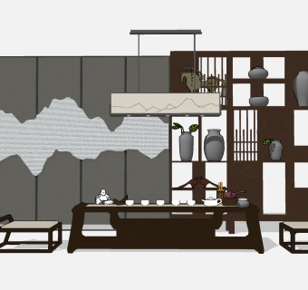 中式禅意茶桌椅组合su模型，茶桌sketchup模型下载