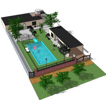现代欧式泳池别墅草图大师模型，别墅SU模型下载