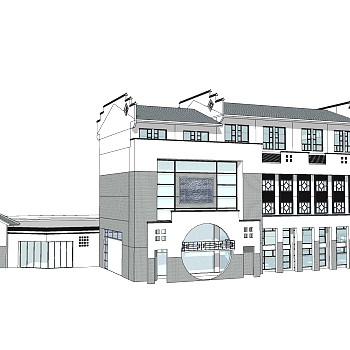 新中式徽派建筑草图大师模型，古建民俗sketchup模型免费下载