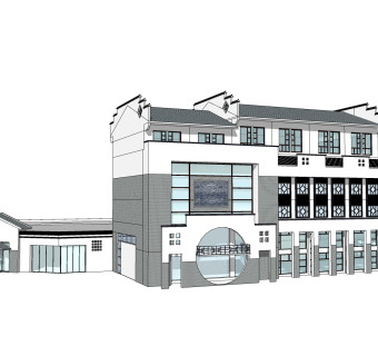 新中式徽派建筑草图大师模型，古建民俗sketchup模型免费下载