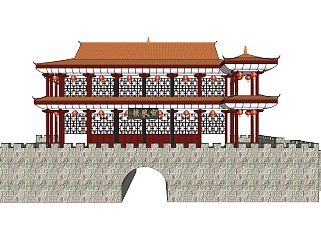 中式古建城楼免费su模型下载、古建城楼草图大师模型下载