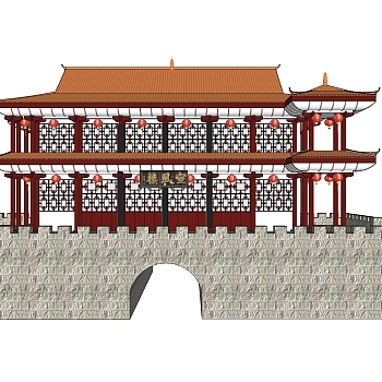 中式古建城楼免费su模型下载、古建城楼草图大师模型下载