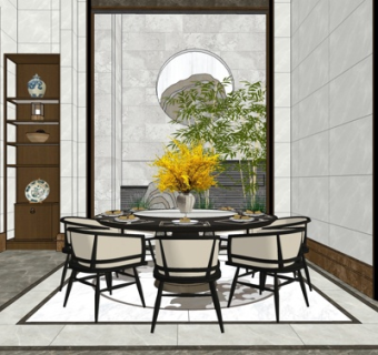 高端新中式餐厅草图大师模型库下载