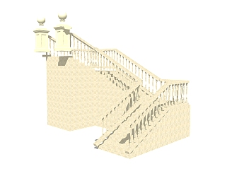 欧式大理石三跑楼梯草图大师模型，大理石三跑楼梯sketchup模型免费下载