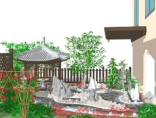 中式别墅庭院草图大师模型，别墅庭院sketchup模型下载