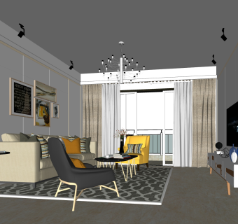 北欧简约客厅免费su模型草图大师文件下载