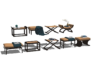 新中式<em>矮凳</em>凳子组合草图大师模型，凳子sketchup模型...
