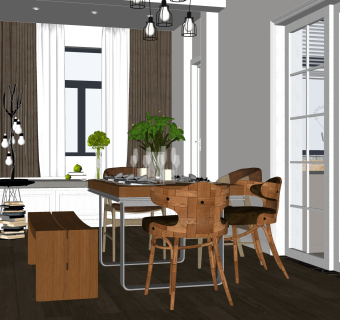 现代实木餐桌椅su模型，家用餐桌椅厨房桌子草图大师模型下载