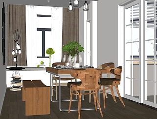 现代实木餐桌椅su模型，家用餐桌椅厨房桌子草图大师模型下载