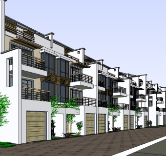 新中式连排别墅su模型免费下载，sketchup别墅草图大师模型