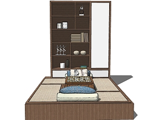 新中式风格单人床草图大师模型，单人床SU模型下载