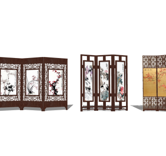 中式国画屏风草图大师模型，国画屏风sketchup模型下载