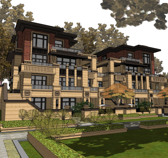 欧式连排别墅草图大师模型，别墅sketchup模型免费下载