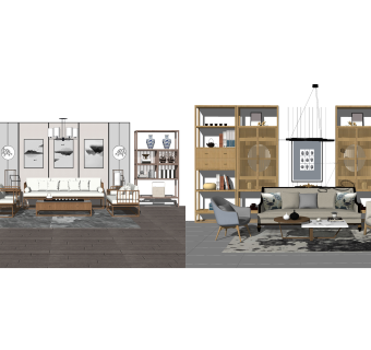 新中式实木沙发组合su模型，沙发组合sketchup模型下载