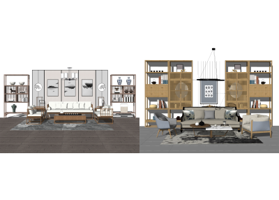 新中式实木沙发组合su模型，沙发组合sketchup模型下载