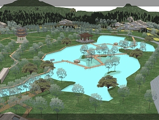 新中式风格湿地公园设计草图大师模型，风格湿地公园设计sketchup模型下载