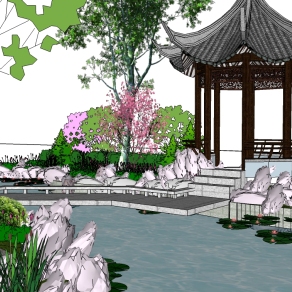 现代中式庭院景观草图大师模型，庭院景观sketchup模型skp文件分享