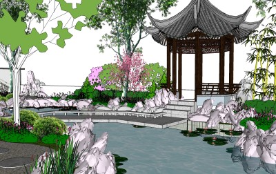 现代中式庭院景观草图大师模型，庭院景观sketchup模型skp文件分享