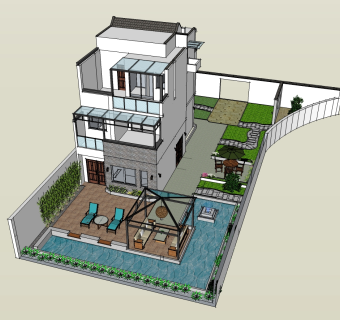 现代泳池别墅草图大师模型，别墅SU模型下载