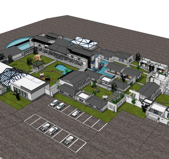 中式商业广场建筑草图大师模型，古建民俗sketchup模型免费下载