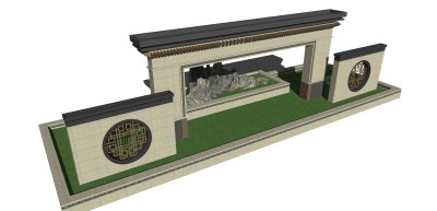 新中式景观墙草图大师模型，景观墙sketchup模型