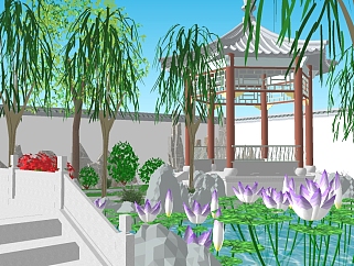 中式庭院景观规划su模型，庭院sketchup模型