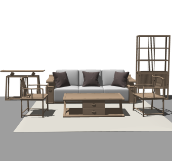 新中式沙发茶几组合草图大师模型，沙发茶几组合skp模型下载