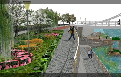 现代风滨水景观道路设计草图大师模型，滨水景观道路设计sketchup模型下载