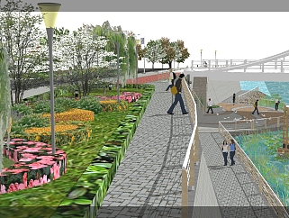 现代风滨水景观道路设计草图大师模型，滨水景观道路设计sketchup模型下载