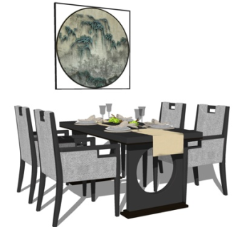 精品中式餐桌su模型集下载