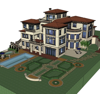 现代独栋泳池别墅草图大师模型，别墅SU模型下载