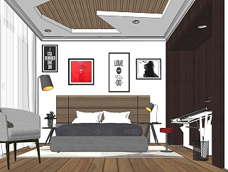 现代北欧卧室草图大师模型，卧室SU模型下载