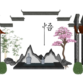 中式禅意悟景观小品草图大师下载、禅意景观小品su模型下载