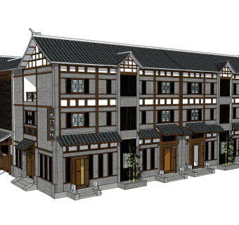 中式客栈建筑草图大师模型，古建民俗sketchup模型免费下载
