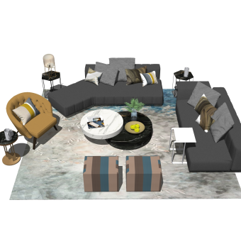 现代轻奢沙发组合su模型，轻奢沙发组合skp模型下载