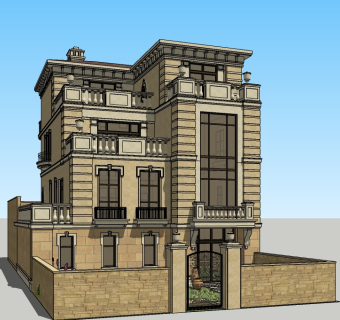 欧式独栋别墅su模型免费下载，sketchup别墅草图大师模型