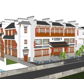 新中式徽派建筑草图大师模型，古建民俗sketchup模型免费下载