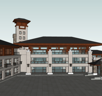 新中式酒店免费su模型下载、酒店草图大师模型下载