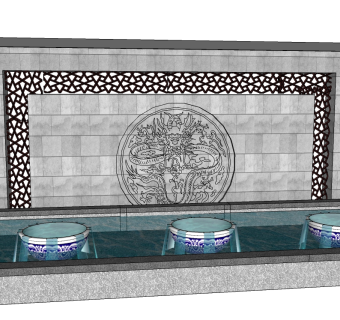 中式景观墙sketchup模型下载，景观墙草图大师模型