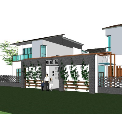 新中式独栋别墅草图大师模型，sketchup别墅su模型下载