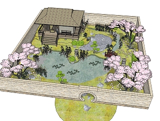 日式小花园SU模型下载，花园skp文件