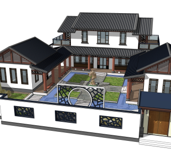 中式别墅建筑草图大师模型，古建民俗sketchup模型免费下载