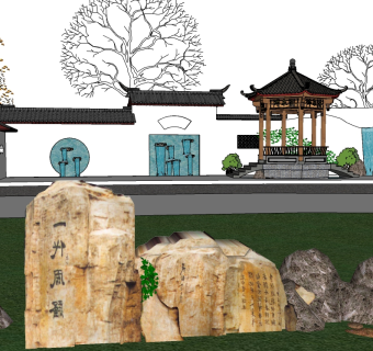 现代景观墙sketchup模型下载，景观墙草图大师模型