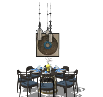 新中式餐桌椅组合草图大师模型，餐桌椅su模型下载