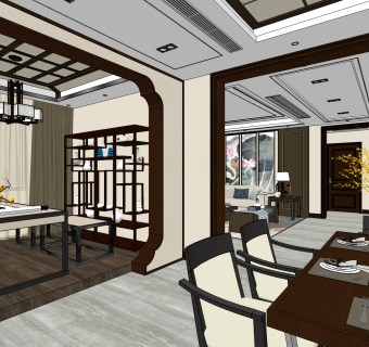 新中式住宅su模型，住宅客厅卧室餐厅草图大师模型下载