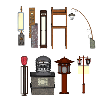 中式路灯景观灯su模型，简约景观灯组合sketchup模型下载